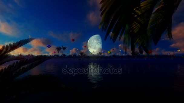 Kleurrijke hete lucht ballonnen tegen volle maan, lake reflecties — Stockvideo