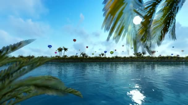Bunte Heißluftballons gegen blauen Himmel, See Reflexionen — Stockvideo