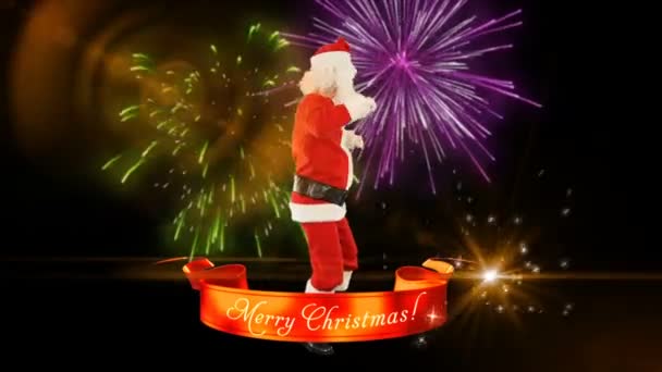 Santa Claus bailando con la cinta de Navidad, fuegos artificiales — Vídeo de stock