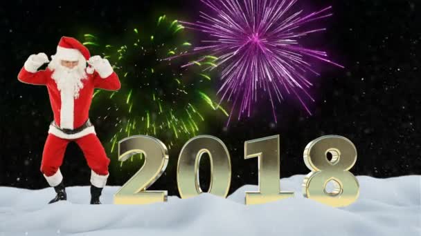 Santa Claus dans och 2018 text mot fyrverkerier och snö — Stockvideo