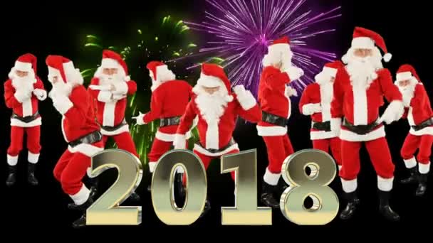 Bunch of Santa Claus Dancing and 2018 sign, fireworks — Stock Video