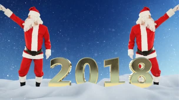 Santa Claus dancing and 2018 sign, snow — Stock Video