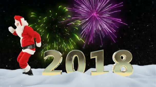 Санта-Клаус танцы и 2018 против фейерверки и снег — стоковое видео