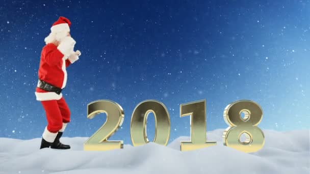 Baile de Santa Claus y 2018 muestra contra la nieve — Vídeo de stock