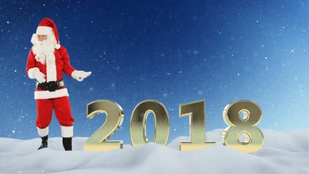 Santa Claus baila y 2018 muestra contra la nieve — Vídeo de stock