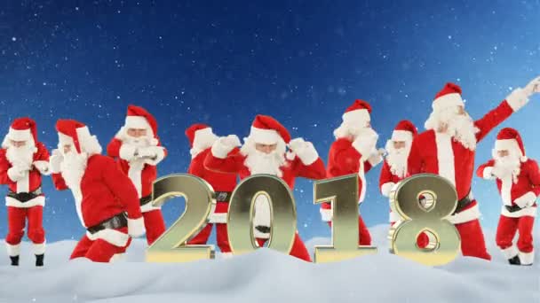 Bunch of Santa Claus dancing and 2018 sign against beautiful snow — Stok Video