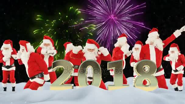 Bunch of Santa Claus dancing and 2018 sign against beautiful fireworks and snow – stockvideo