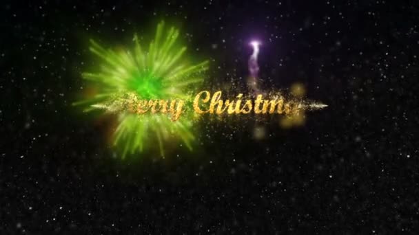 圣诞快乐标志与雪和美丽的节日烟花 — 图库视频影像