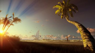 Tropik ada, palmiyeler ve yelken, kumsalda güneş doğarken çalışan kadın yat