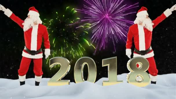 Санта-Клаус танцы и 2018 знак, фейерверки и снег — стоковое видео