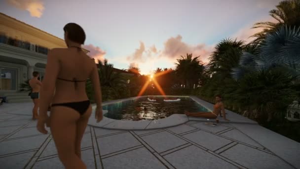 Pool party avec pianiste au coucher du soleil, panoramique — Video