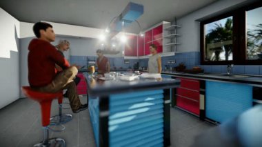 Modern mutfak, tilt sosyalleşme genç çok ırklı arkadaşlar