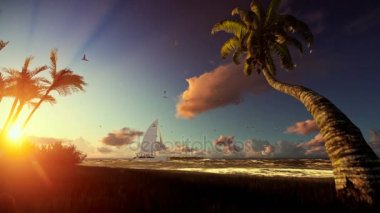 Tropik ada, rüzgarda palmiyeler ve gün batımında yelken yat