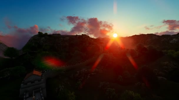 Aerial view of Great wall of China filled with tourists at sunset — Stock Video