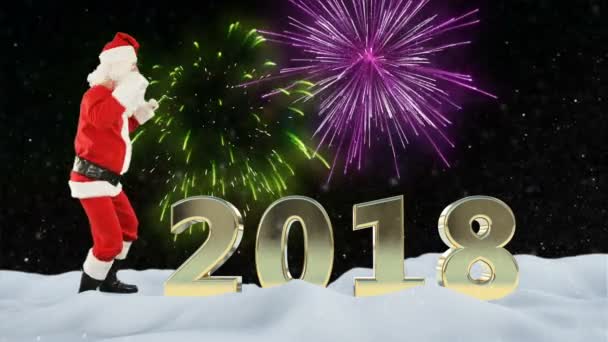 Santa Claus Dans 2018 Teken Tegen Vuurwerk Sneeuw — Stockvideo