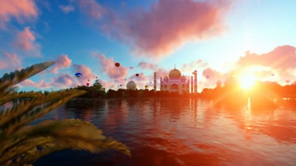 Taj Mahal Vista Rio Yamuna Balões Quente Voando Contra Belo — Vídeo de Stock