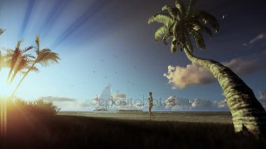 Tropikal peyzaj, yat yelken, palmiye ağaçları ve sabah sis kumsalda yürüyen kadın