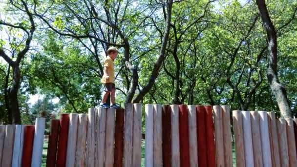 Маленький Хлопчик Ходить Дерев Яних Стовпах Парку — стокове відео