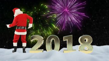 Noel Baba dans ve 2018 metin, havai fişek ve kar