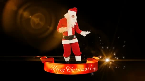 Santa Claus Tanzen Und Merry Christmas Ribbon — Stockvideo