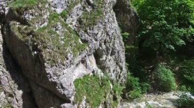 Drone uçuş nehir ve dağ clifs üzerinde