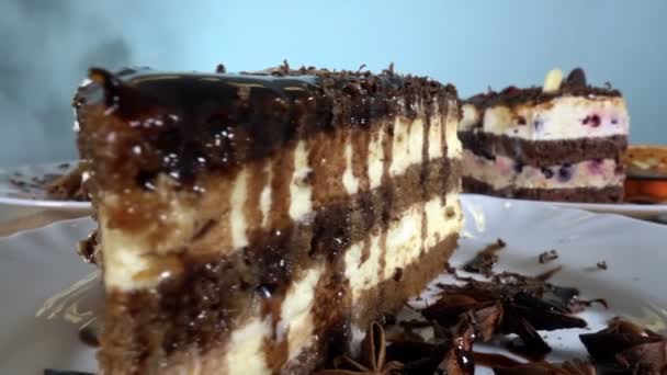Varie fette di torte sulle zolle bianche, rotazione, bassa cam angolo, 4K — Video Stock