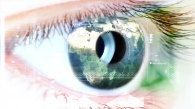 Dünya harita üzerinde iris ve teknoloji grafik ile mavi göz