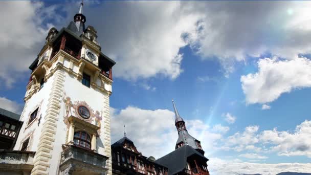 Peles Castle in Sinaia, Romania, timelapse clouds — 비디오