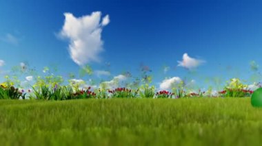 Paskalya yumurta ongreen çayır üzerinde mavi gökyüzü, karşı mavi gökyüzü uçan parçacıklar