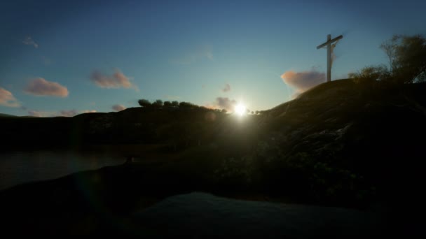 Christian woman praying at Jesus cross at sunrise, 4K — Stock Video