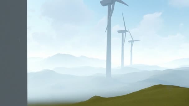 Wind power windmills, morning fog, tilt, zoom out – stockvideo