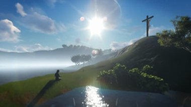 Hıristiyan kadın mavi gökyüzü çapraz, İsa dua 4k