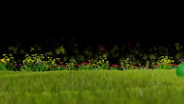 复活节彩蛋 ongreen 草甸在蓝天, 微粒飞行 — 图库视频影像