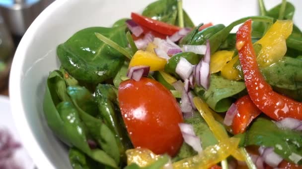 Ensalada de espinacas con tomate y pimiento, cerrar, girar, zoom — Vídeos de Stock
