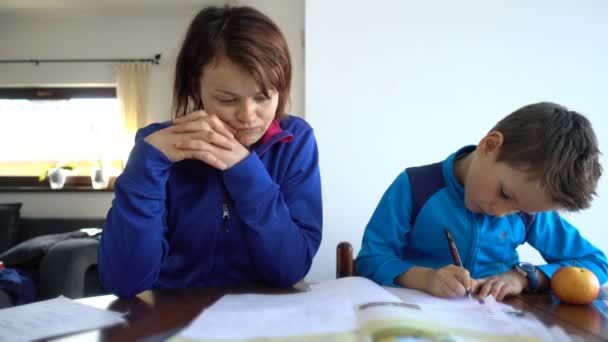 Madre e hijo haciendo la tarea de la escuela, resolución de 4 k — Vídeos de Stock