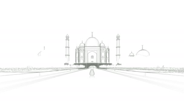 Тадж-Махал з туристів, ескіз на білий, 4 к — стокове відео