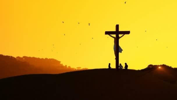 Jesús Cruz Adoradores Orando Contra Sol Caliente — Vídeo de stock