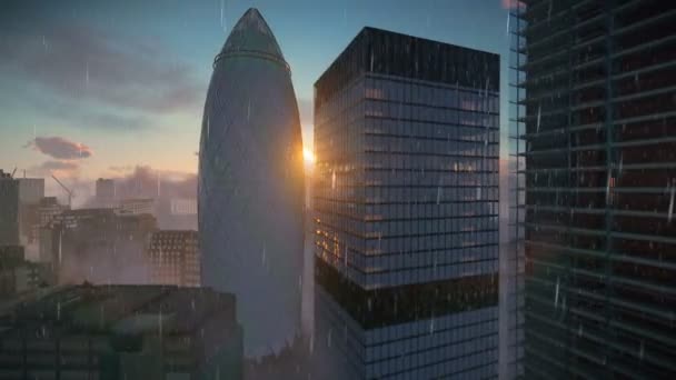 Londen regen, zonsopgang boven de augurk, Swiss Reinsurance hoofdkwartier, pannen van 4k — Stockvideo