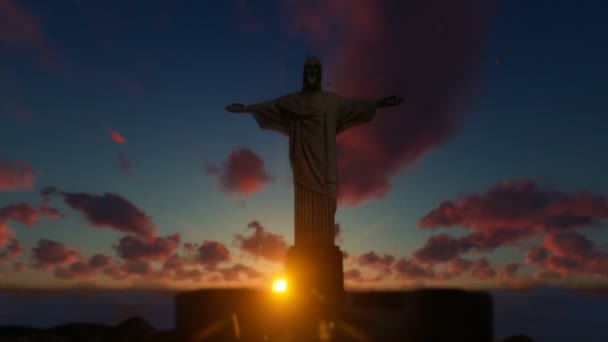 Cristo Redentor por encima de las nubes al atardecer, Río de Janeiro, la inclinación vista frontal — Vídeos de Stock