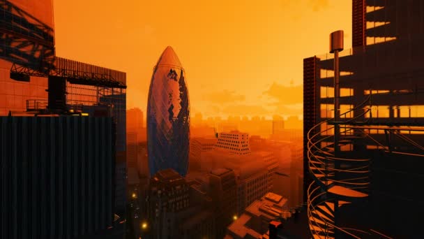 Londen hete zonsondergang over de augurk, Swiss Reinsurance hoofdkwartier, drone vlieg 4k — Stockvideo