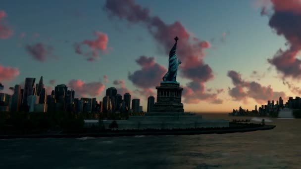 Estatua de la libertad en la isla de Ellis con el skyline de Nueva York y los vasos, panorámica, lapso de tiempo — Vídeo de stock