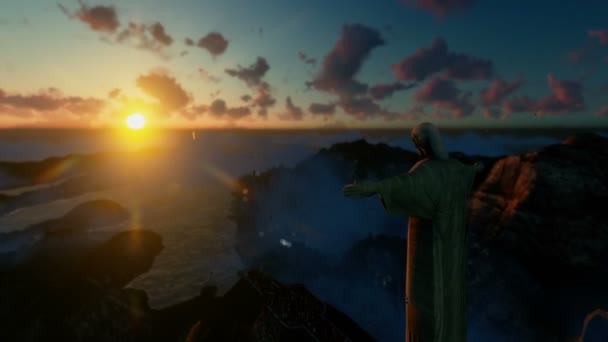 Christ the Redeemer with tourists above clouds at sunset, Rio de Janeiro, panning_2 — Stock Video