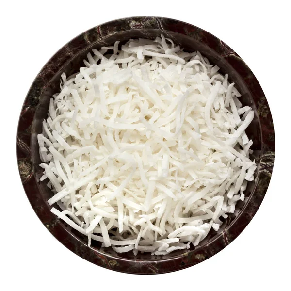 Shredded Coconut in Round Bowl Top View Isolated — Stock Photo, Image