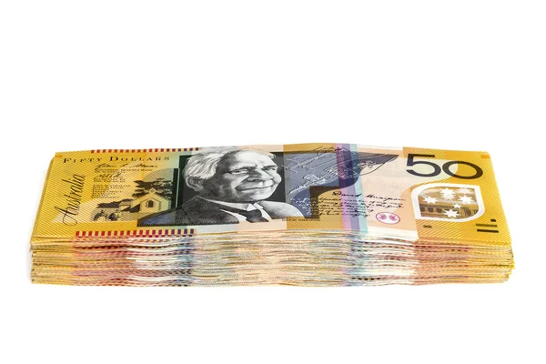 Stack of Australian Money Fifty Dollar Bills Isolated — Stock Photo, Image