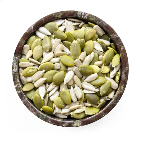 Sunflower and Pumpkin Seeds in Bowl Top View Isolated — Stock Photo, Image