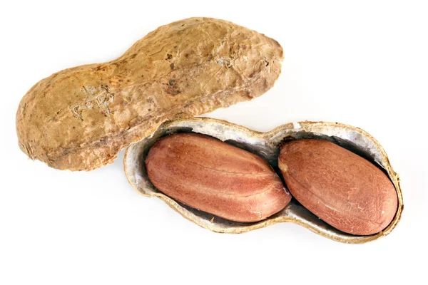 Amendoins crus torrados em Shell Top View isolado — Fotografia de Stock
