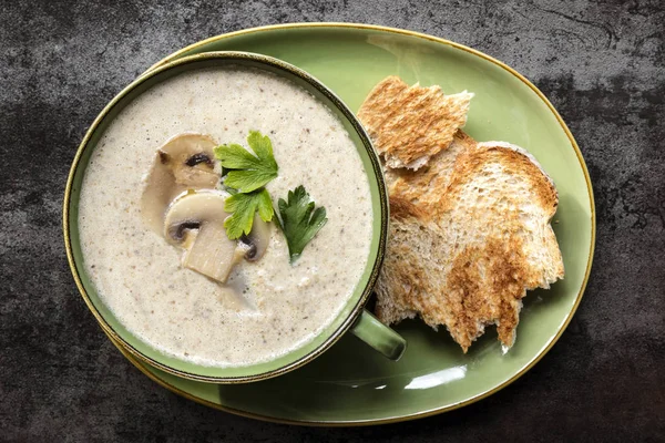 Creamy Mushroom Soup Top View on Slate — Stock Image Creamy Mushroom Soup Top View on Slate Stock Picture