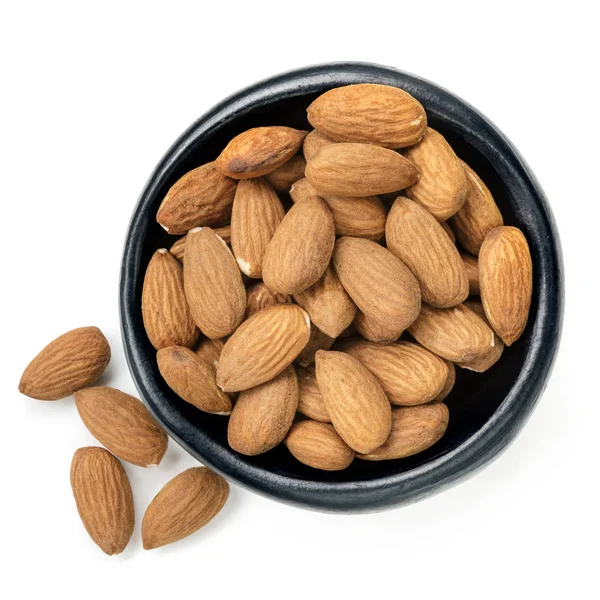 Almonds in Black Bowl Top View Isolated — Stock Photo, Image