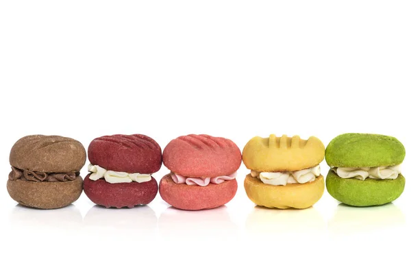 Σειρά από πολύχρωμα κρέμα μπισκότα που απομονώνονται σε λευκό — Φωτογραφία Αρχείου