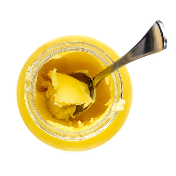 Ghee in Jar with Spoon Isolated on White — Stock Photo, Image